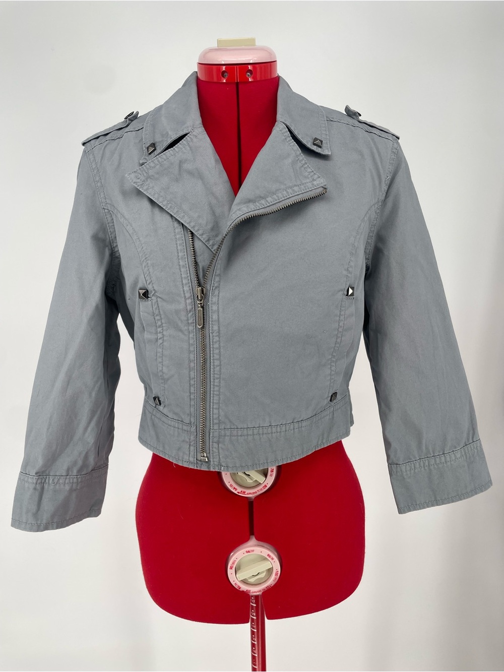 Y2K Decree Cropped Gray Biker Style Jacket Metal Hardware Studs Asymmetrical Zip